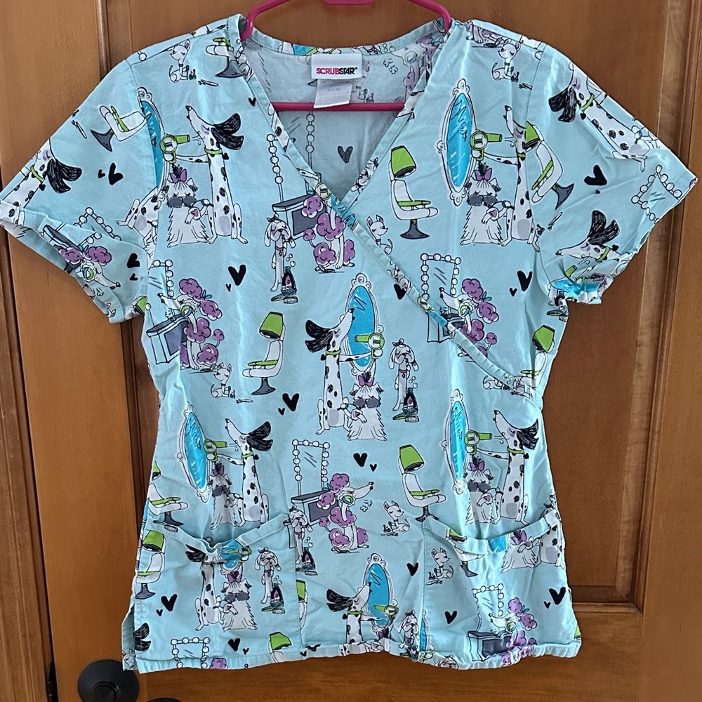 Scrubstar Light Blue Dog Cartoon Print Scrub Top Small